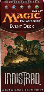 The Innistrad Event Deck, depicting a mad scientist looking at an experiment, with dull yellow light coming out of it.