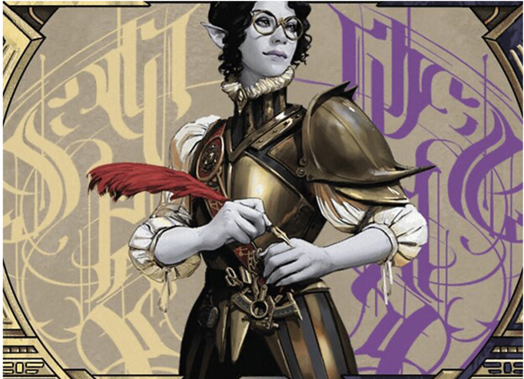 A painted comics style illustration of a vampire woman in conquistador style armor with a feather quill and glasses looking confident and scholarly.
