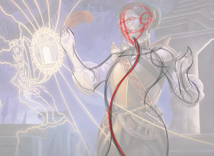 A painting done in the classic imaginative realism style of Magic with a vampire woman leaning back excitedly as she uses map magic. A red line indicates the line of action.