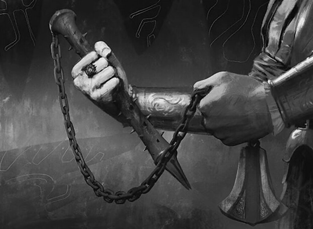 An image of a vampire's hands holding a flail. The flail has painful looking barbs on it like thorns. The vampire holds the flail's chain so the image creates a sort of loose figure eight. The image has a black and white filter on it to highlight the value difference between the vampire and the background.