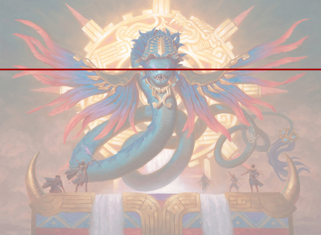 An image ofa blue feathered serpent atop a tower with a golden disc almost like the s un behind them. This one has an eyeline roughly in line with the serpent's head.