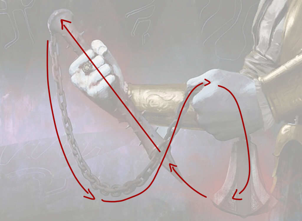 An image of a vampire's hands holding a flail. The flail has painful looking barbs on it like thorns. The vampire holds the flail's chain so the image creates a sort of loose figure eight. This image diagrams out the loose figure eight with red marking lines.