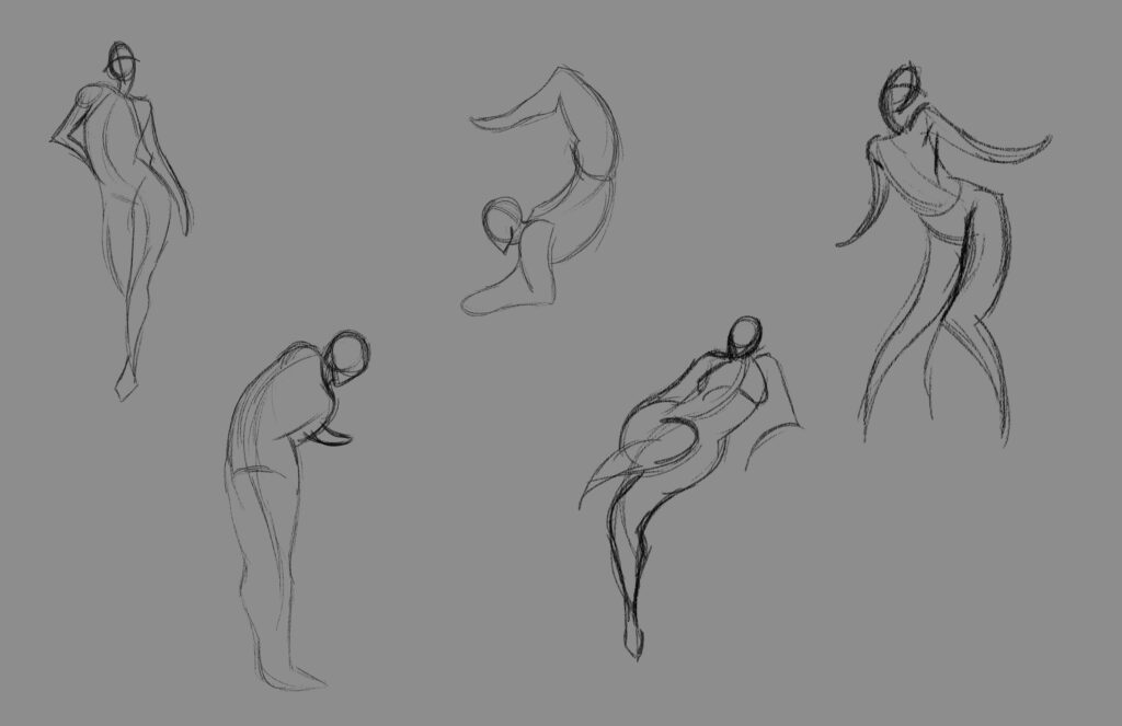 A series of 5 loose gesture sketches to demonstrate fluidity and pose.