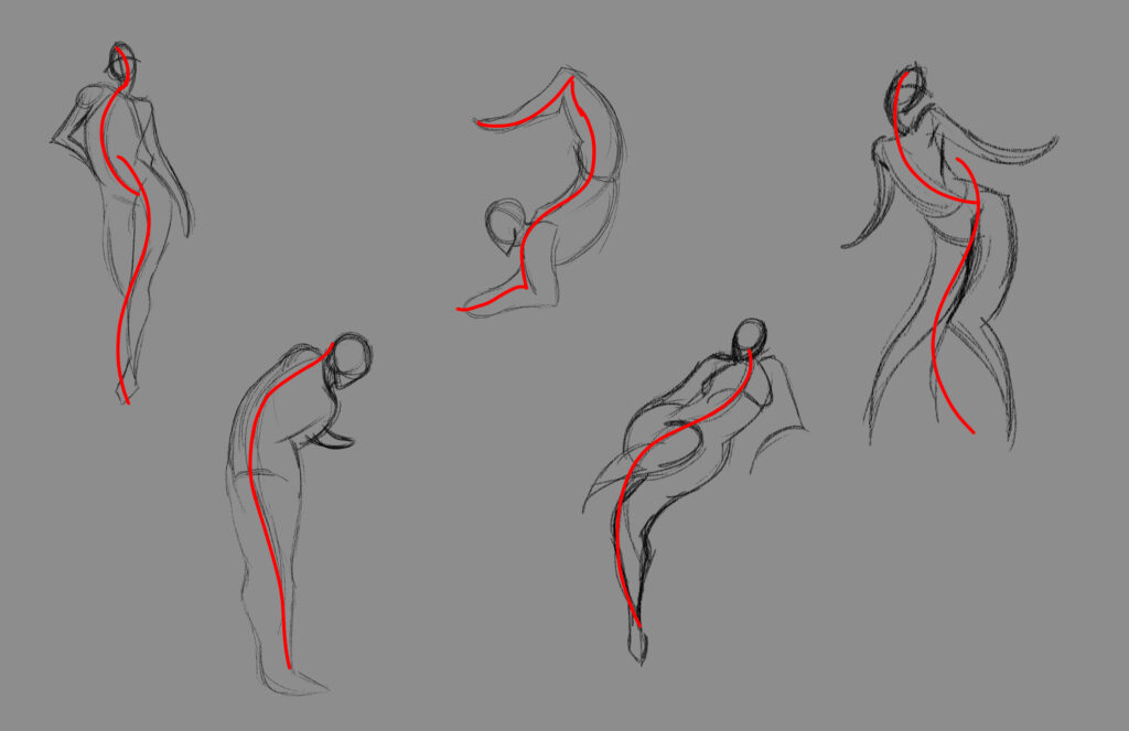 A series of 5 loose gesture sketches to demonstrate fluidity and pose. These have red lines indicating what's known as the line of action, usually traveling down the line of the spine.