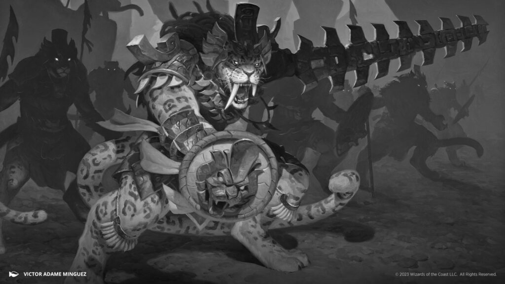 An image of a jaguar warrior stepping out of the darkness in front of an army of similar humanoid cat warriors. The other cats are mostly in shadow.