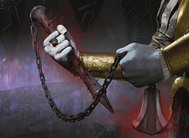 An image of a vampire's hands holding a flail. The flail has painful looking barbs on it like thorns. The vampire holds the flail's chain so the image creates a sort of loose figure eight.