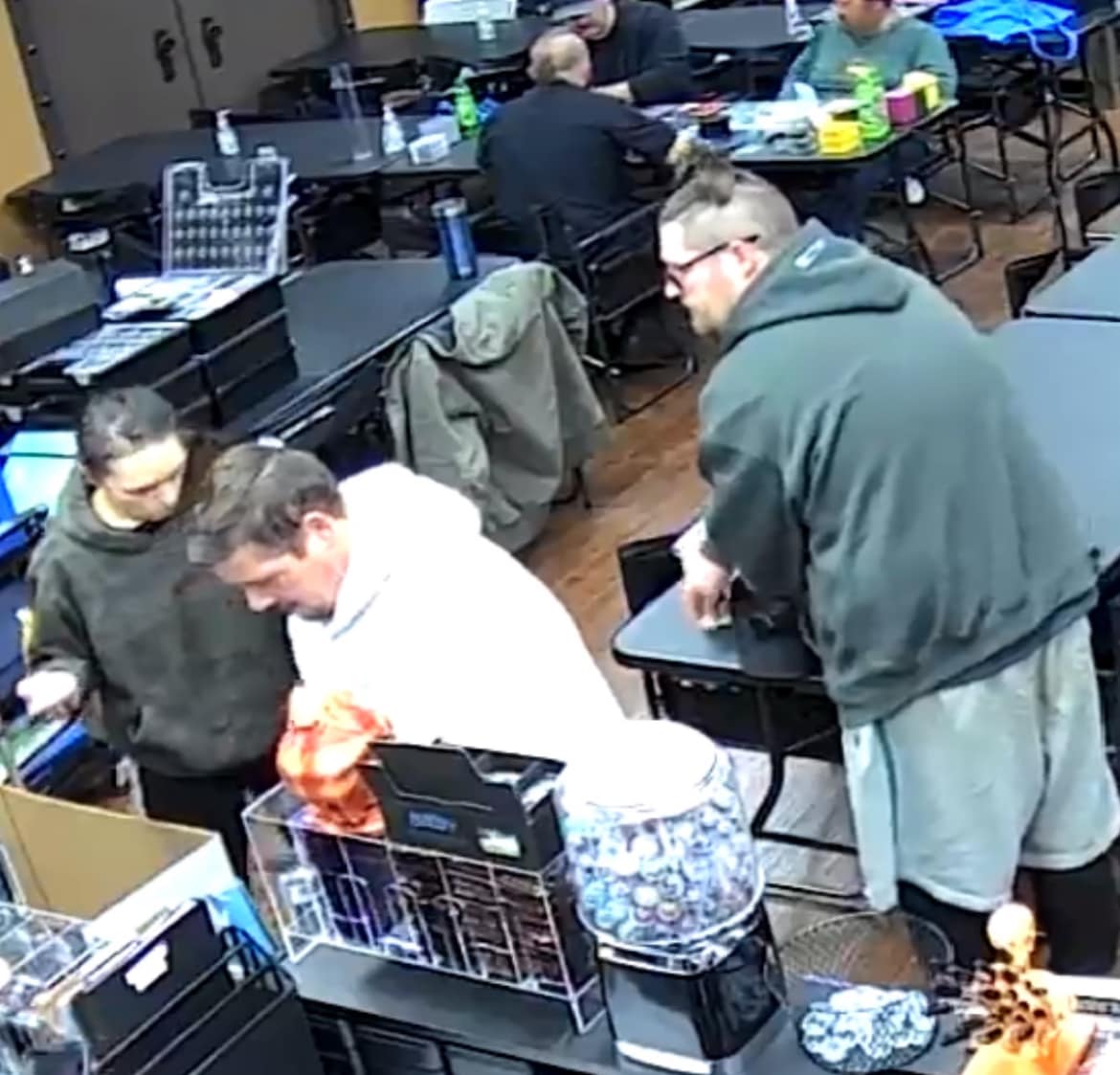 An image of the suspects allegedly robbing Reliquary Gaming in Chesteron, Indiana.