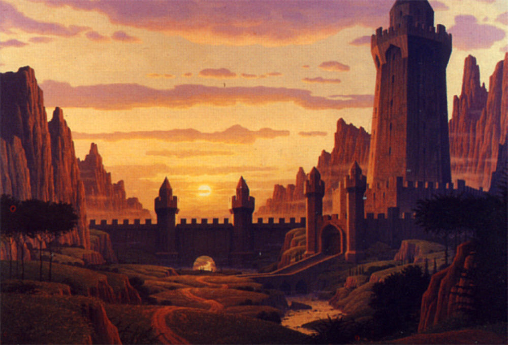 art of Helms Deep from Lord of the Rings holiday release used for myriad landscape. The art depicts a massive castle wall and landscape at sunset bathed in glorious yellow and gold light with stunning violet contrast.