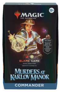 The box for Blame Game, one of four Commander decks from Murders at Karlov Manor.