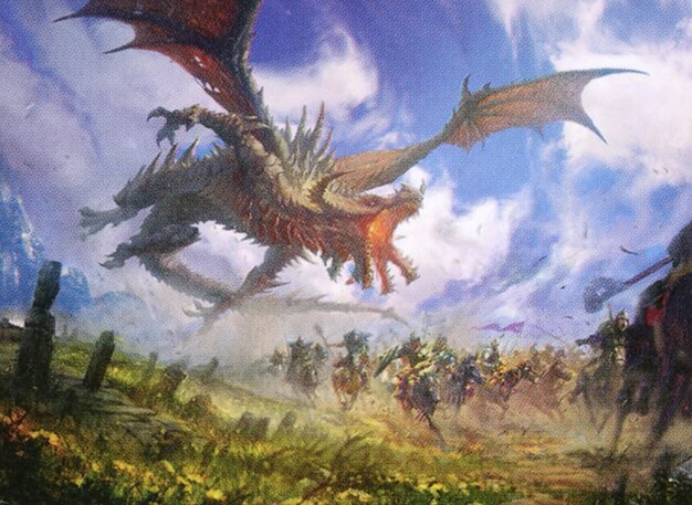 An image of Nestor Ossandon Leal's Worldgorger Dragon. A massive dragon comes out of a clear blue sky chasing a retreating army. The dragon looks like something out of a nightmare with a lower jaw that splits into three parts.