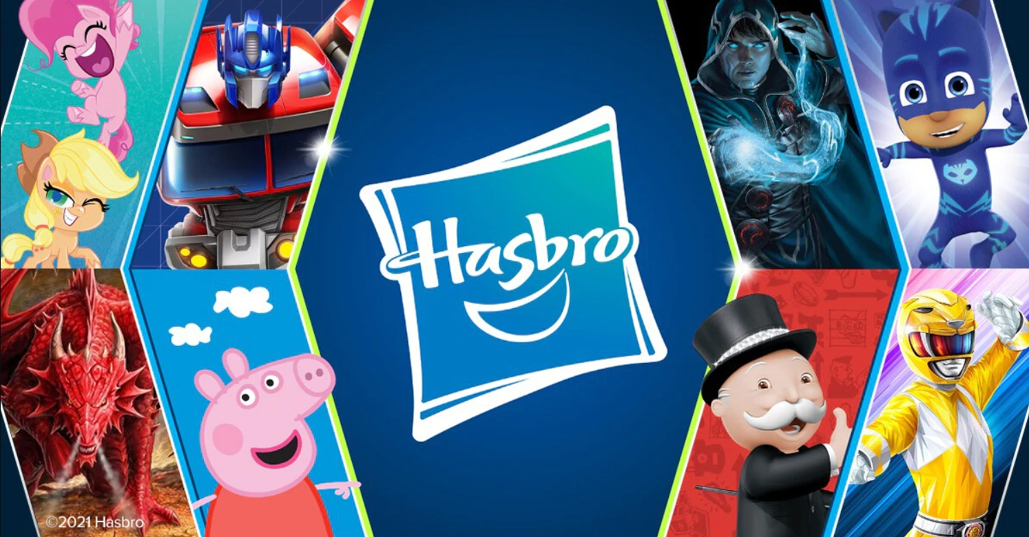 The Hasbro logo and the corporation's trademarked characters.