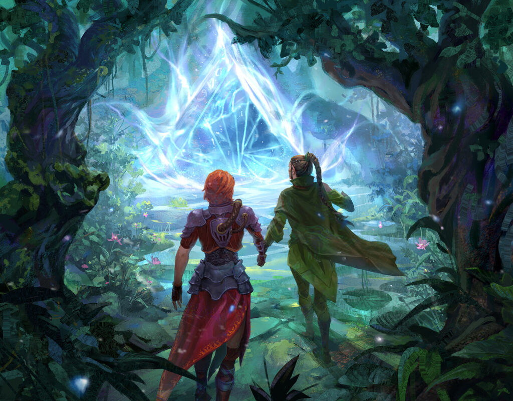 Art for open the way which shows Nissa and Chandra walking through a copse of trees toward an omenpath hand in hand. Their relationship finally cemented.
