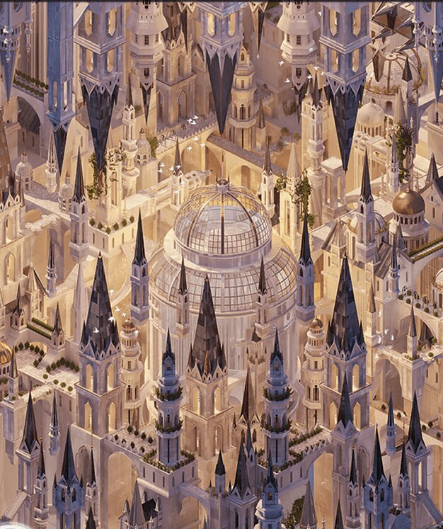 A plains art depicting a highly intricate diorama featuring Orzhov style ornamentation. Lots of cream, gold and black coloration is used here to make the whole scene feel stark and opulent.