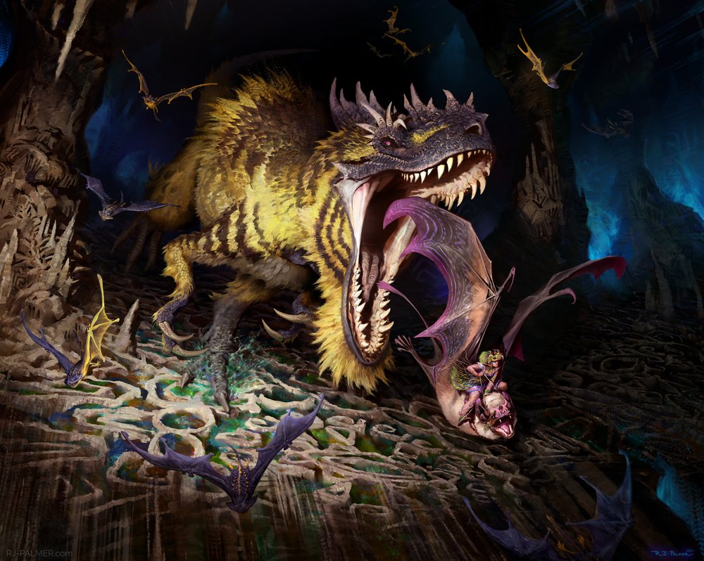 A highly rendered fantasy T-Rex stomping through a dark cavern chasing an Oltec bat rider. The bat and the dinosaur both have patterns within their wings and feathers.