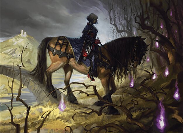Art of Rowan astride a horse walking over a tiny bridge into the dark forest beyond Eldraine's human lands