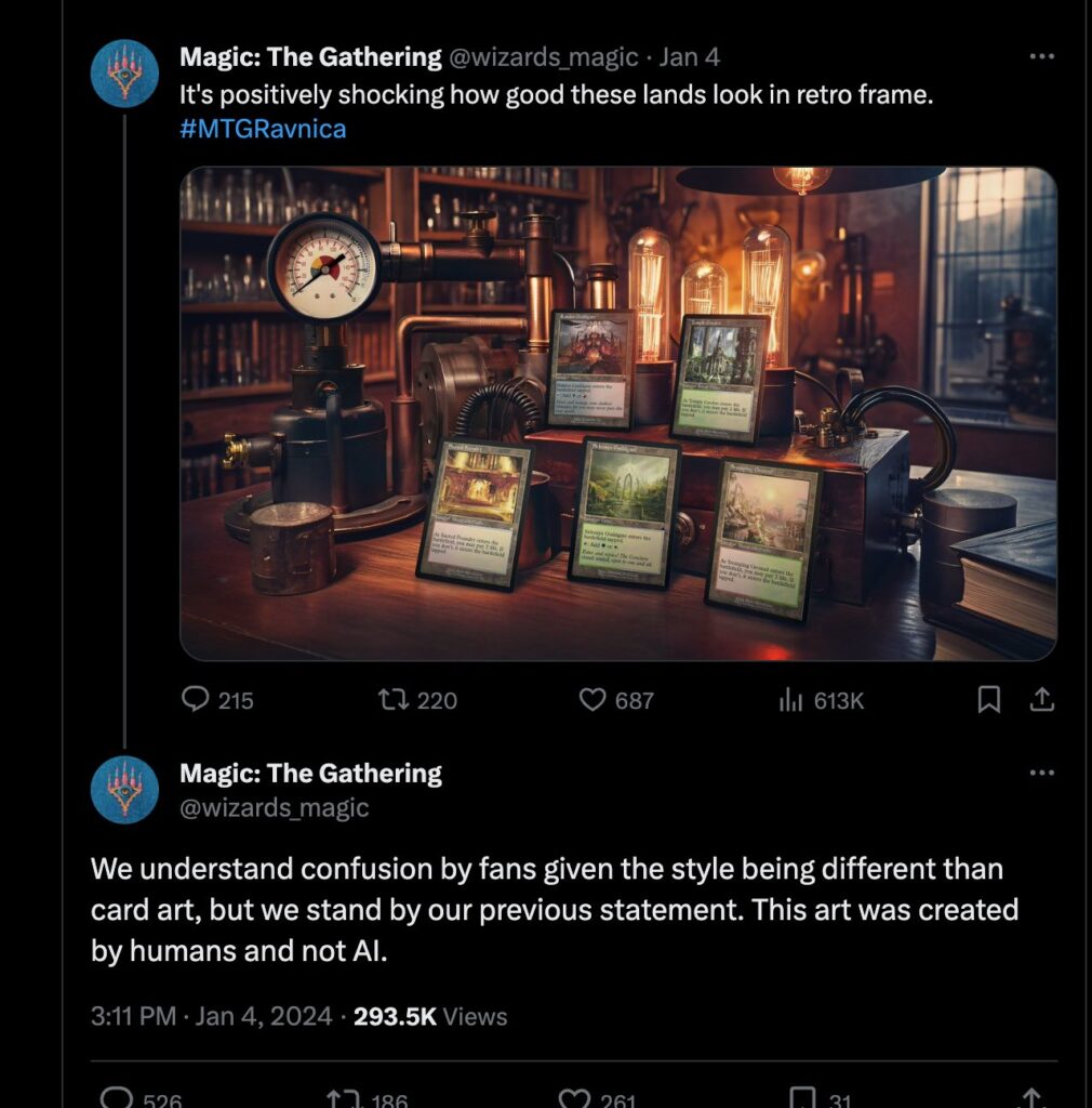 A series of Twitter posts from @Wizards_Magic, first showcasing an ad using generative AI and then claiming that no AI was used making it.