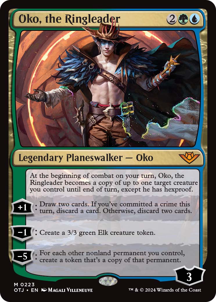 Oko, the Ringleader, a recent reveal from MagicCon Chicago. From Outlaws of Thunder Junction.