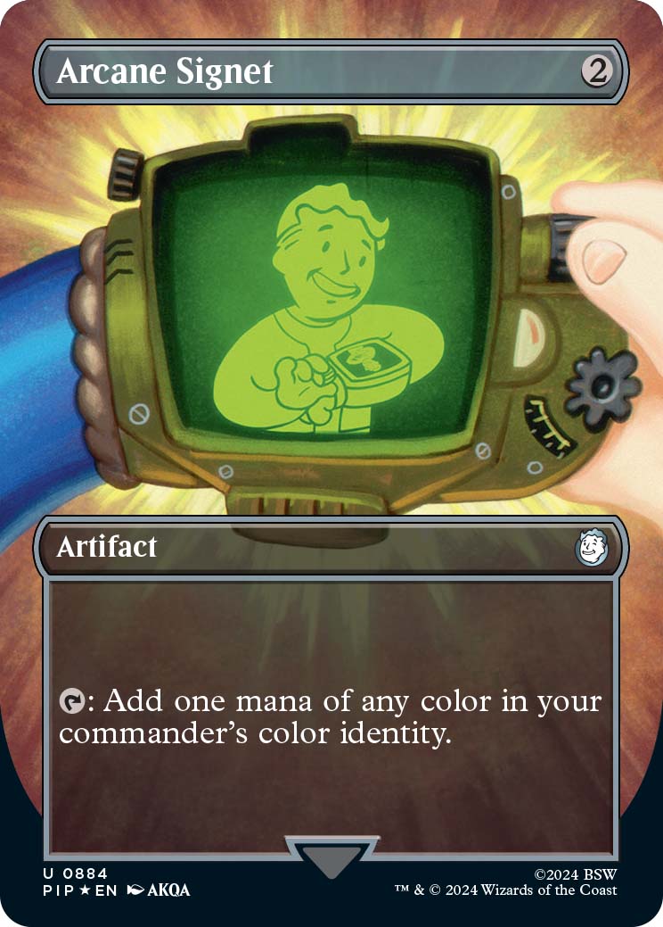 Arcane Signet, a borderless reprint found in Fallout Collector Boosters.