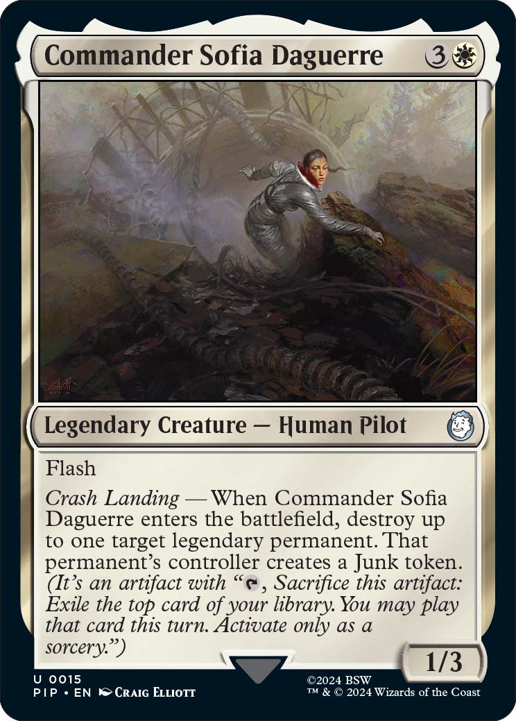 Commander Sofia Daguerre, a new card from the Fallout Commander Decks, out March 8th.