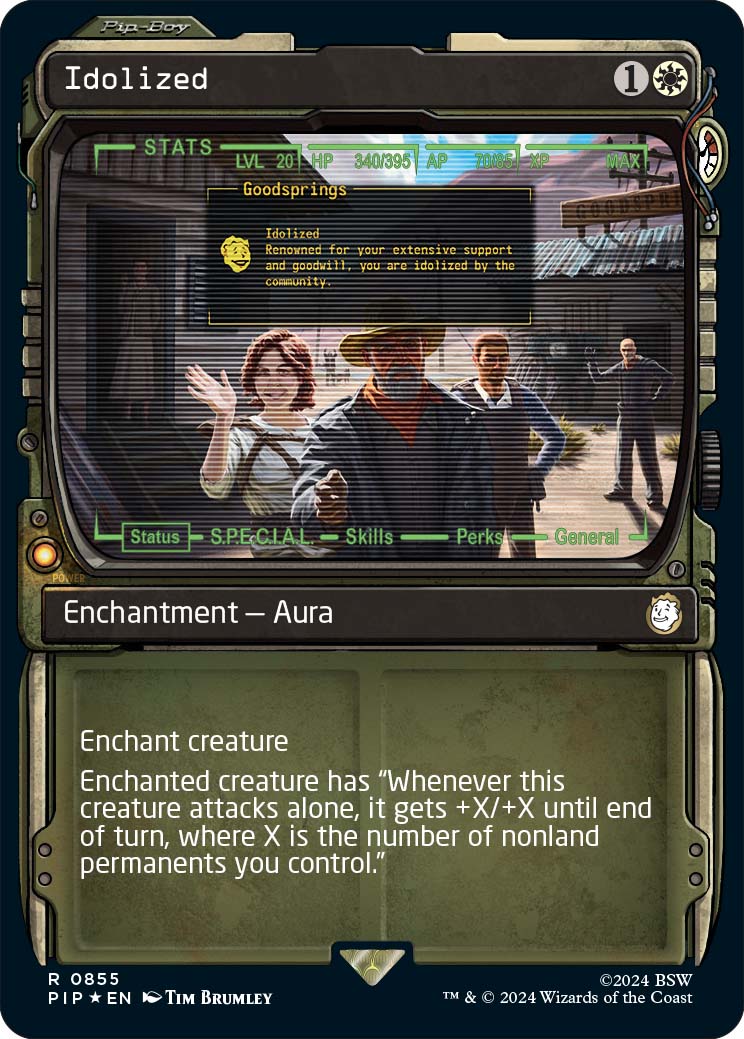The Pip-Boy treatment for Idolized, a new card from the Fallout Commander decks, out March 8th.