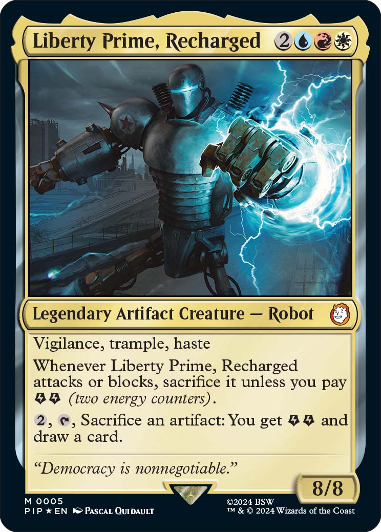 Liberty Prime, Recharged, a new card from the Fallout Commander Decks, out March 8th.