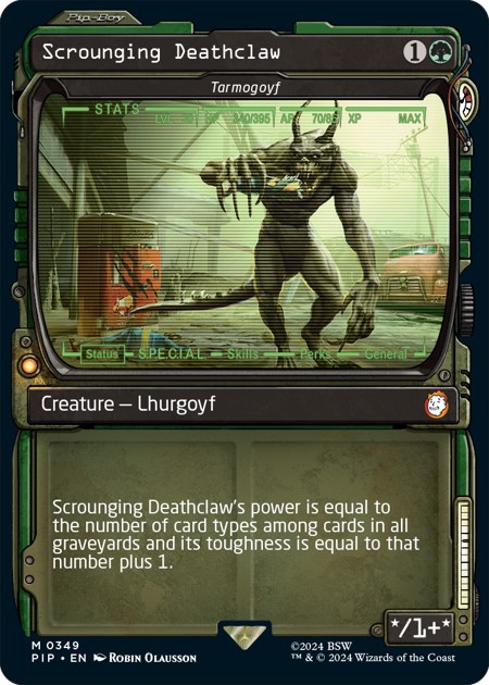 The Pip-Boy treatment for Scrounging Deathclaw, a reskin of Tarmogoyf, found in the Fallout Collector Boosters, out March 8th.