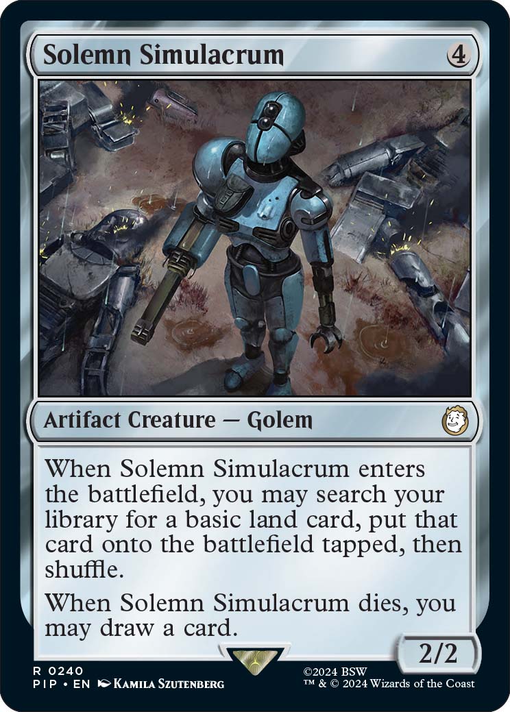 Solemn Simulacrum, a reprinted card from MTGPIP, out March 8th.