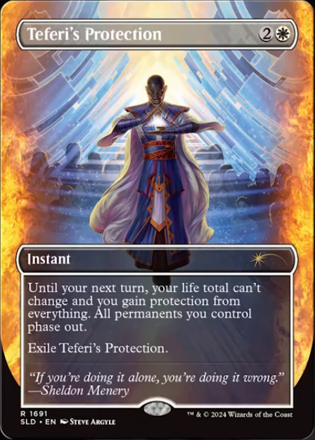 Teferi's Protection, a card from Secret Lair: Sheldon's Spellbook. Illustrated by Steve Argyle.