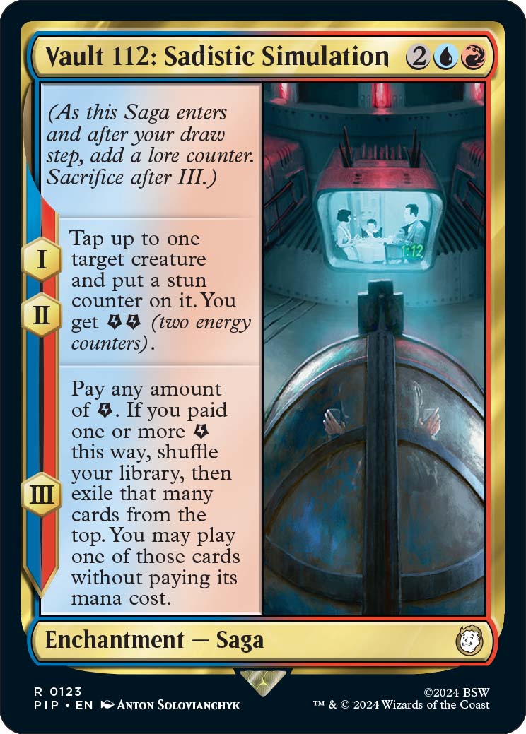 Vault 112: Sadistic Simulation, a new card from the Fallout Commander Decks, out March 8th.
