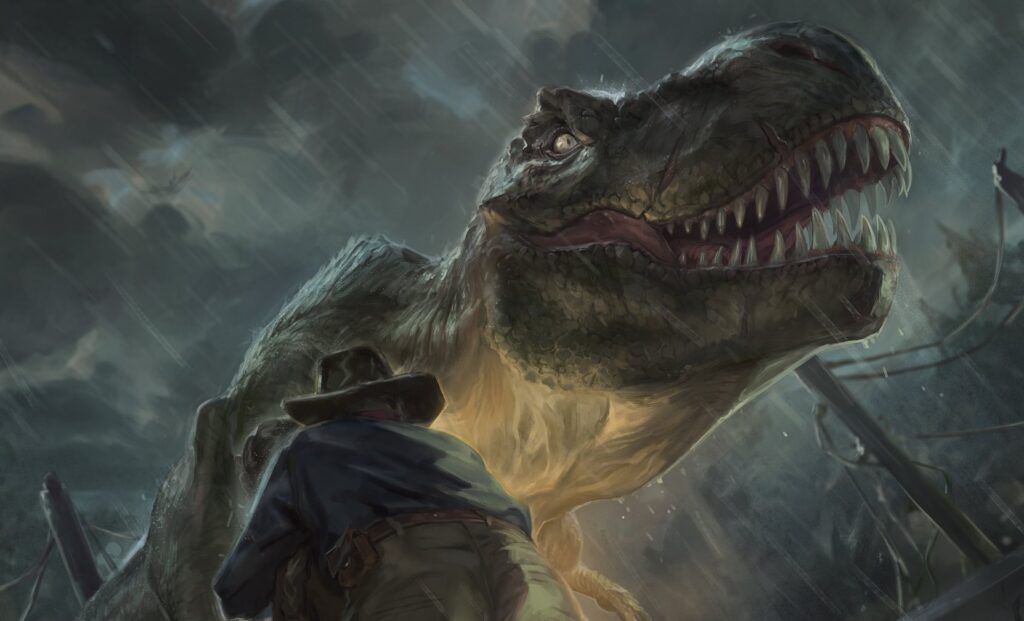 Art for Don't Move, a card from Universes Beyond's Jurassic World tie-in for Lost Caverns of Ixalan. Illustrated by Inkognit.