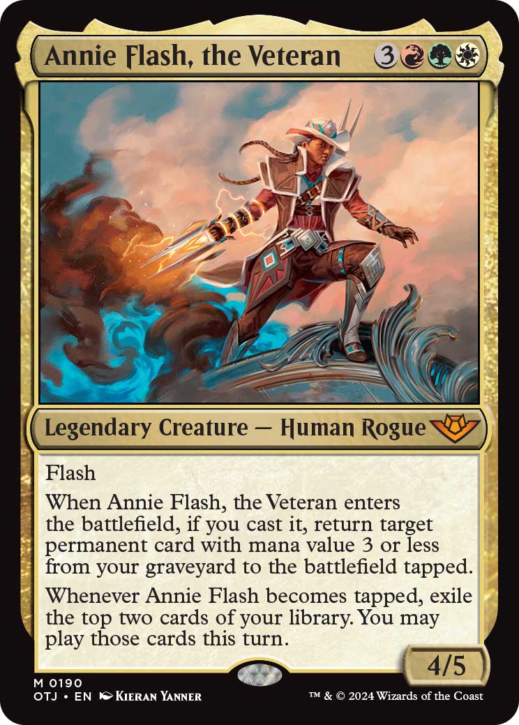 Annie Flash, the Veteran, a new legendary creature card revealed in the Outlaws of Thunder Junction kickoff stream.