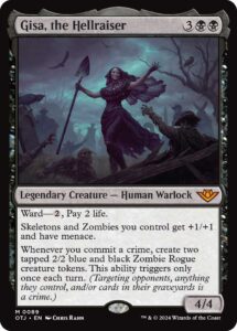 Gisa, the Hellraiser, a new legendary creature card revealed in the Outlaws of Thunder Junction kickoff stream.