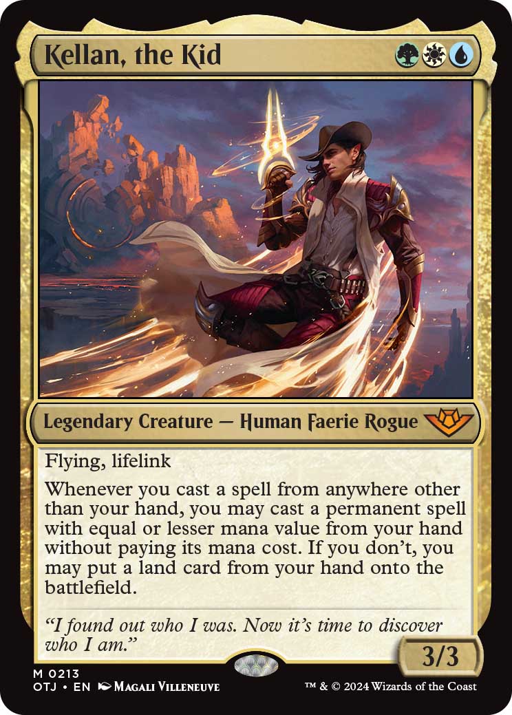 Kellan, the Kid, a new legendary creature card revealed in the Outlaws of Thunder Junction kickoff stream.