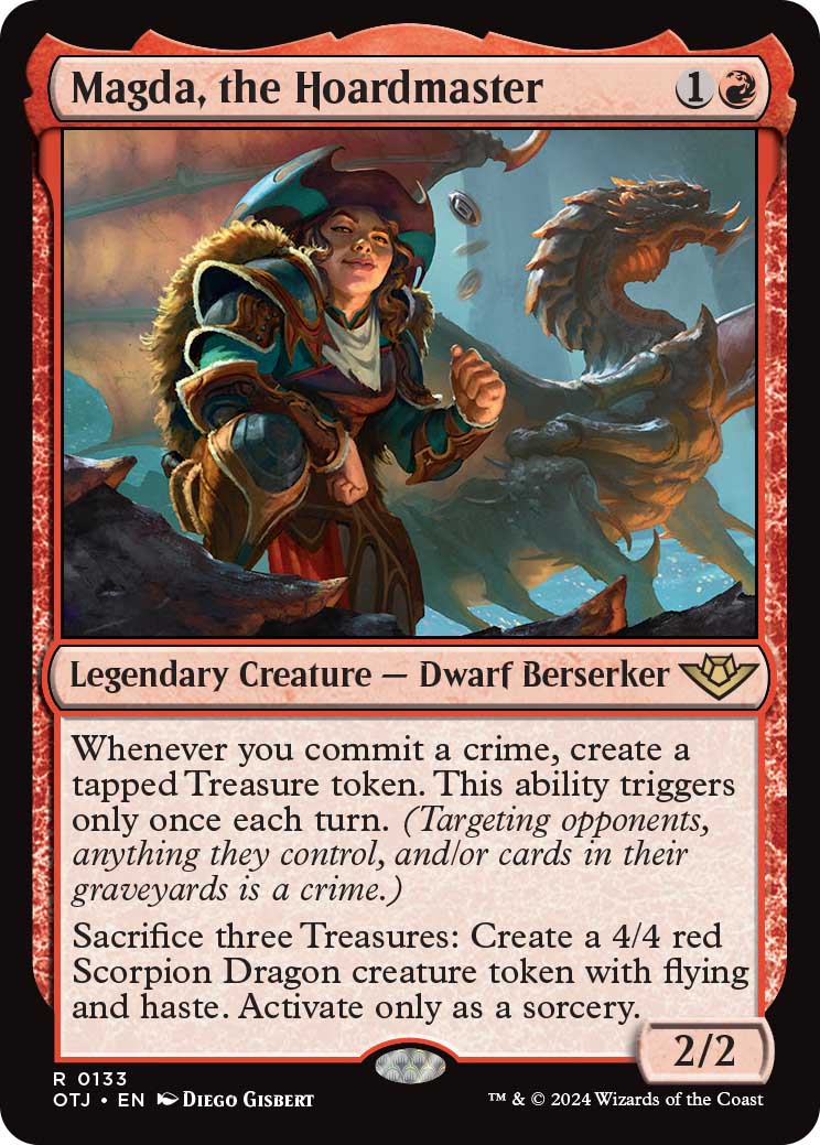 Magda, the Hoardmaster, a new legendary creature card revealed in the Outlaws of Thunder Junction kickoff stream.
