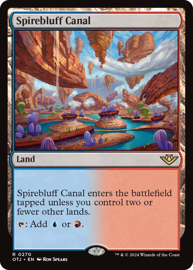 Spirebluff Canal, a land card originally printed in Kaladesh and reprinted in Outlaws of Thunder Junction.