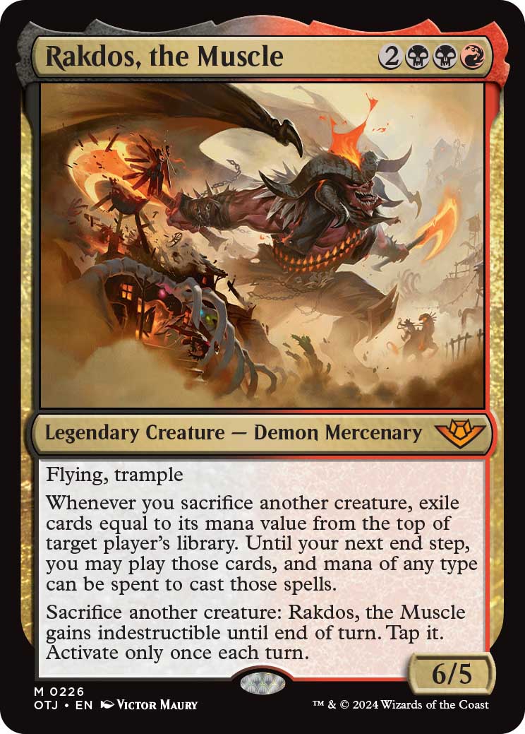 Rakdos, the Muscle, a new legendary creature card revealed in the Outlaws of Thunder Junction kickoff stream.