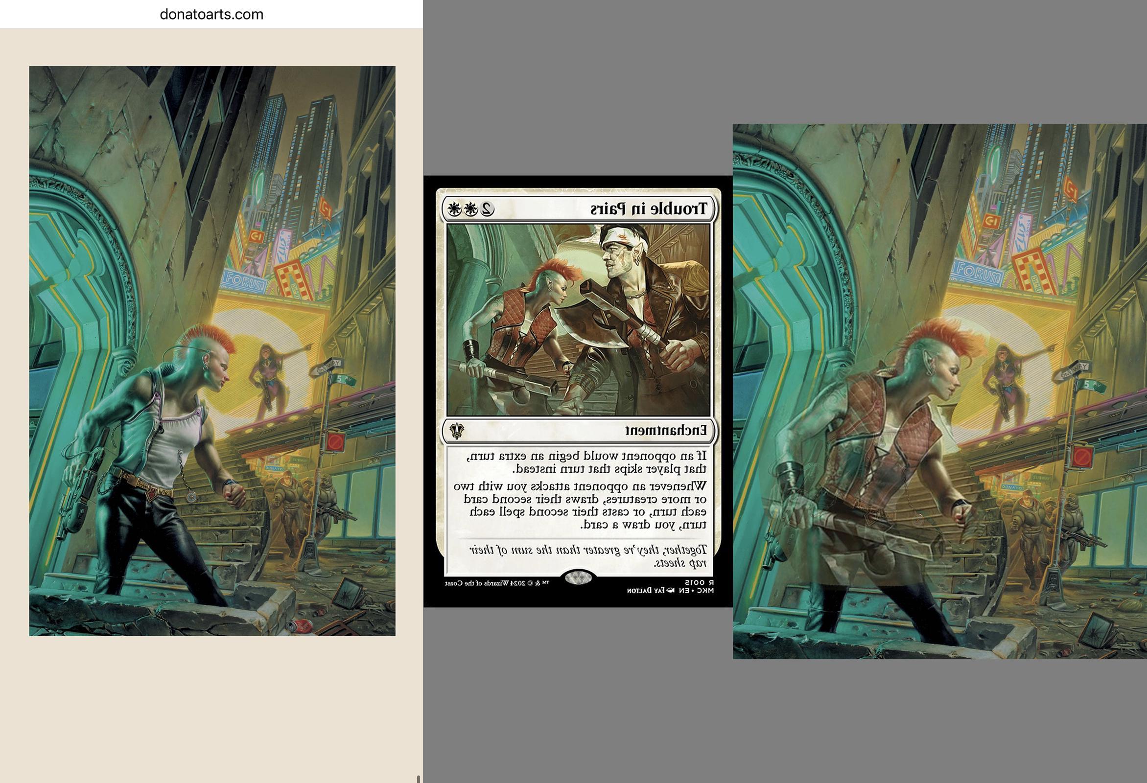 On r/MagicTCG, user u/hypnotichog gave proof that Fay Dalton stole art from Donato Giancola for Trouble in Pairs.