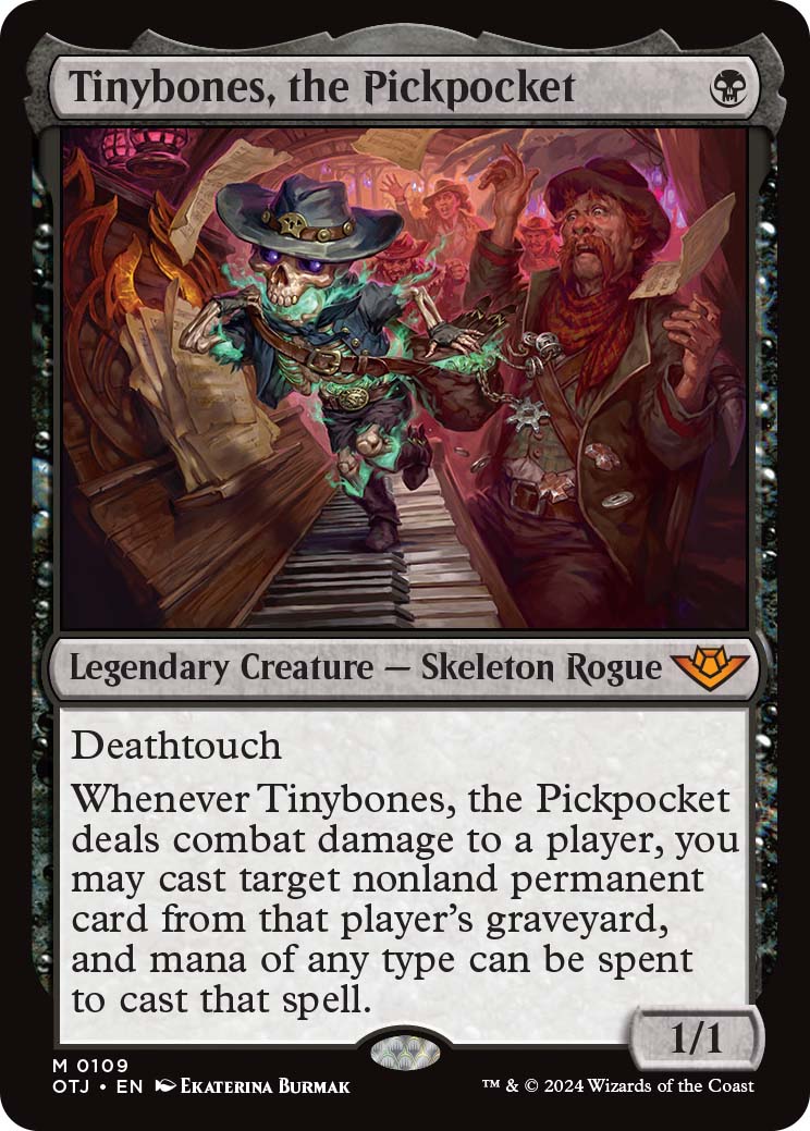 Tinybones, the Pickpocket, a new legendary creature card revealed in the Outlaws of Thunder Junction kickoff stream.