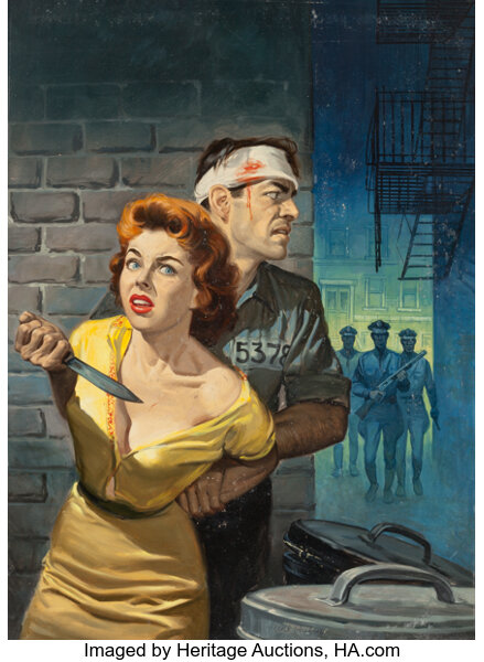 A Question of Guilt. Will Hulsey. 1957. Oil on board. Featured on the cover of Trapped, a story in Detective Magazine. Image credit: Heritage Auctions.
