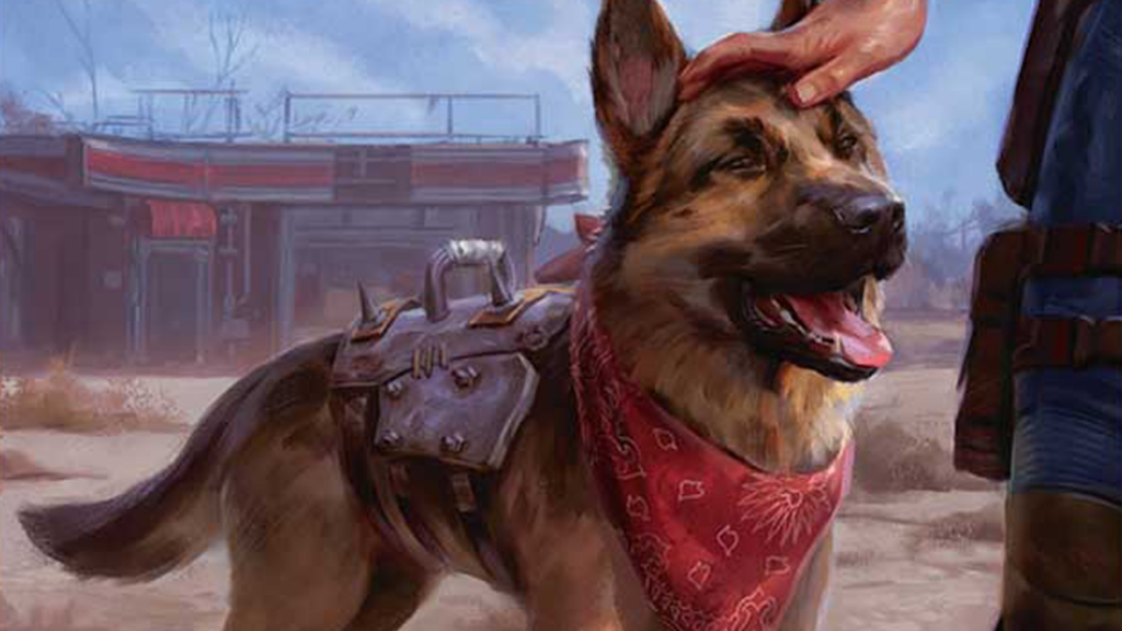 The full art for Dogmeat, Ever Loyal, the "goodest boy", according to Dr. Wendi Sierra. Illustrated by Kieran Yanner for the Fallout Commander decks.