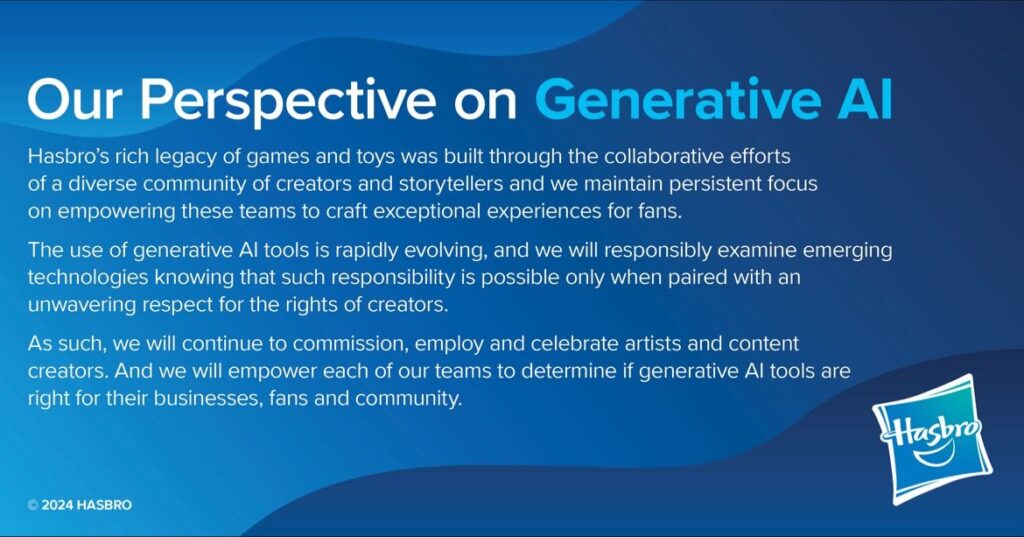 On March 19th, Hasbro released this statement regarding their stance on generative AI.