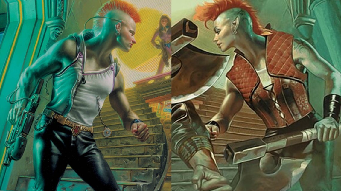 An image of Fay Dalton's art for Trouble in Pairs and Donato Giancola's art from a 1994 cyberpunk novel: Cyberpunk 2020.