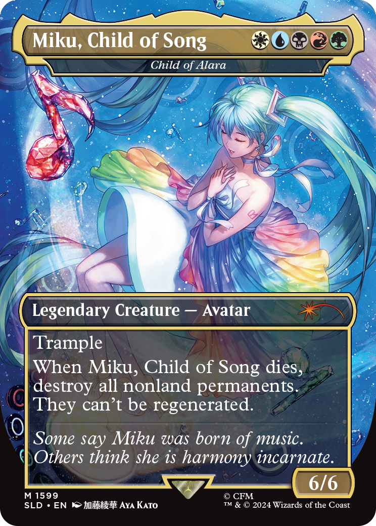 Miku, Child of Song, a reprinted card from Secret Lair x Hatsune Miku: Digital Sensation, a new Secret Lair drop for the Summer. This card is a re-skin of Child of Alara.