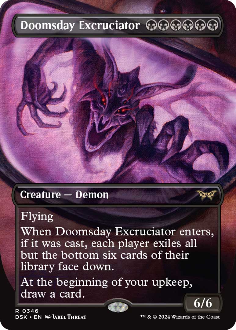 The borderless showcase version of Doomsday Excruciator, a new card from Duskmourn: House of Horror.