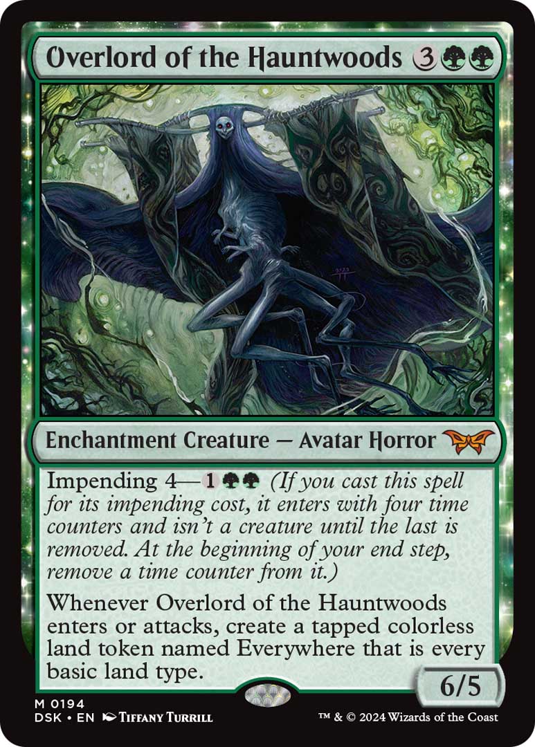 Overlord of the Hauntwoods, a new card from Duskmourn: House of Horror. The new mechanic, Impending, was revealed at MagicCon Amsterdam.