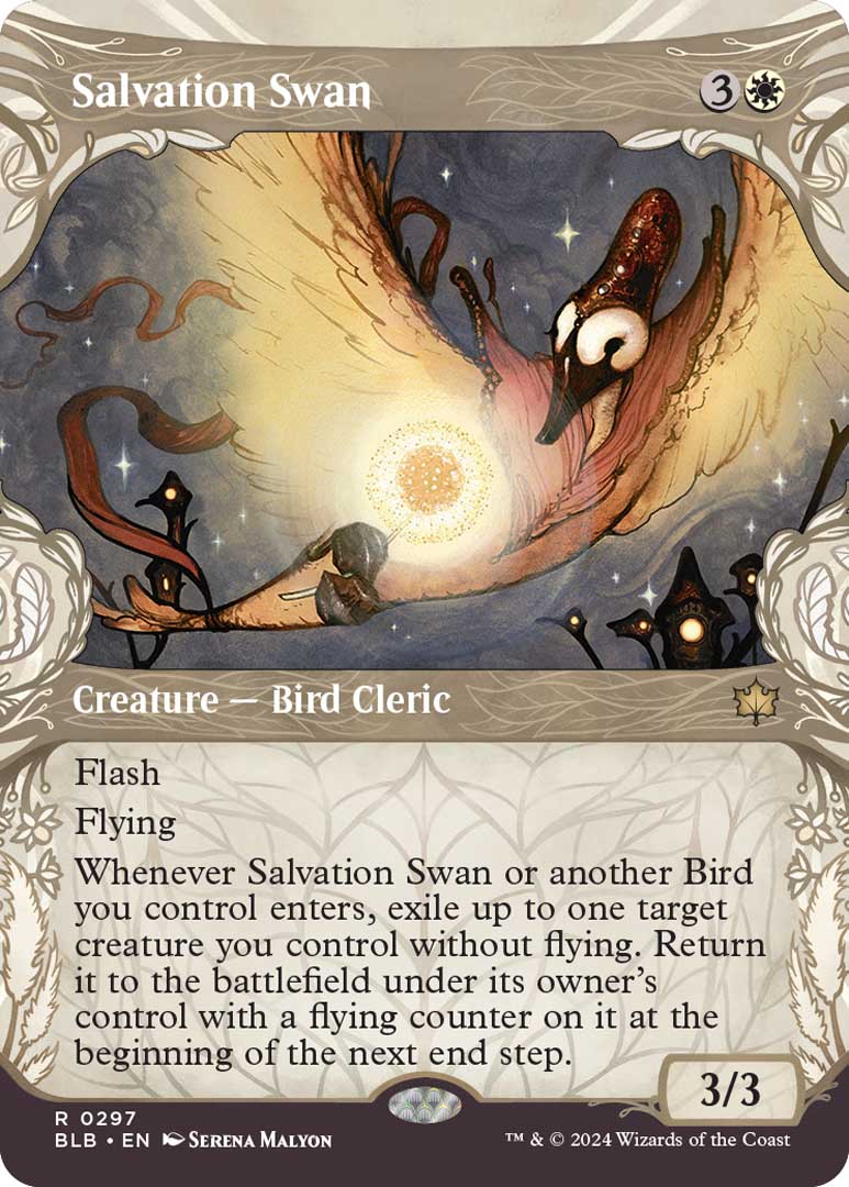 The showcase treatment for Salvation Swan, a new card in Bloomburrow, the next upcoming set. Revealed at MagicCon Amsterdam.