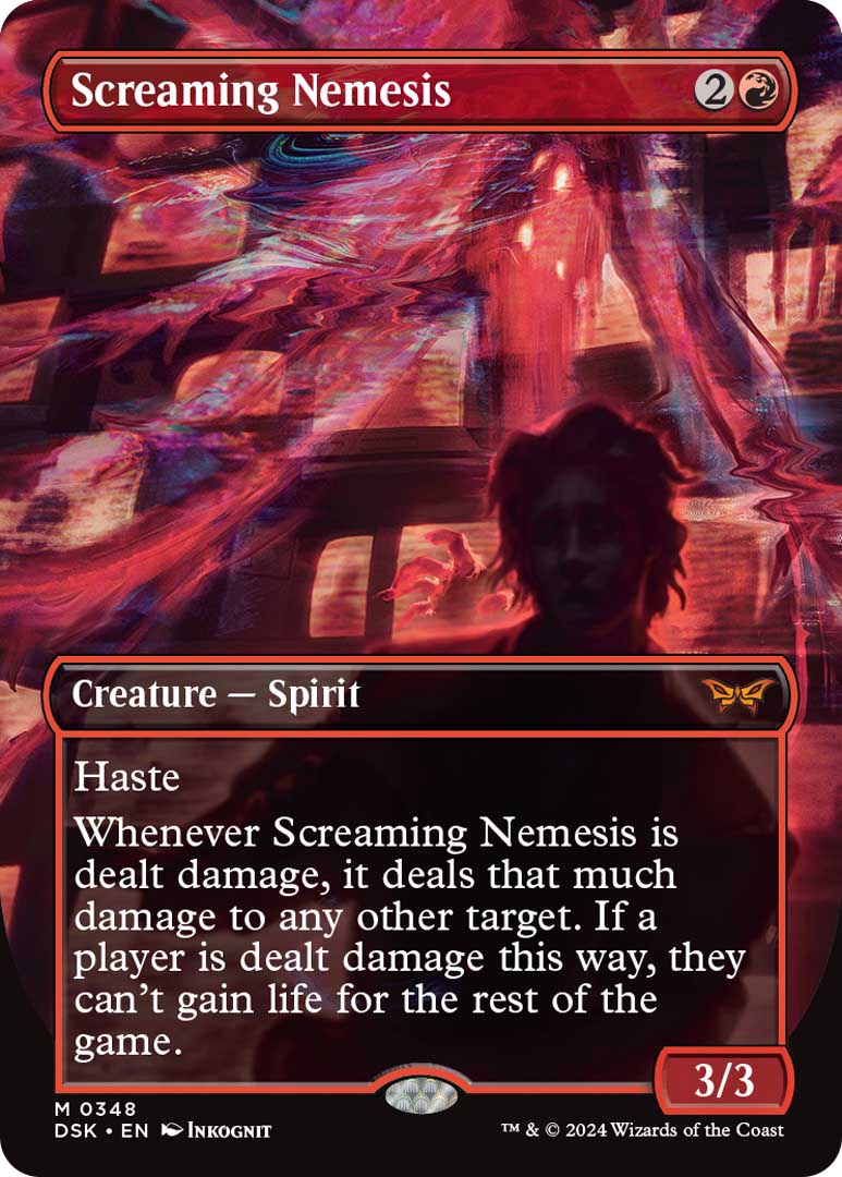 The borderless showcase version of Screaming Nemesis, a new card from Duskmourn: House of Horror.