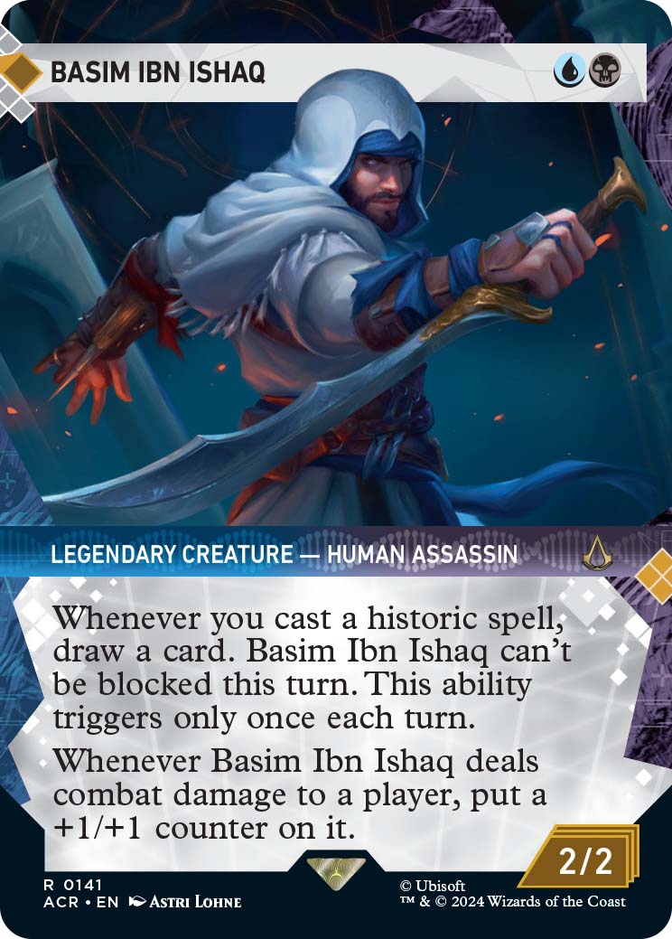 The Memory Corridor showcase version of Basim Ibn Ishaq, our preview card for Universes Beyond: Assassin's Creed.