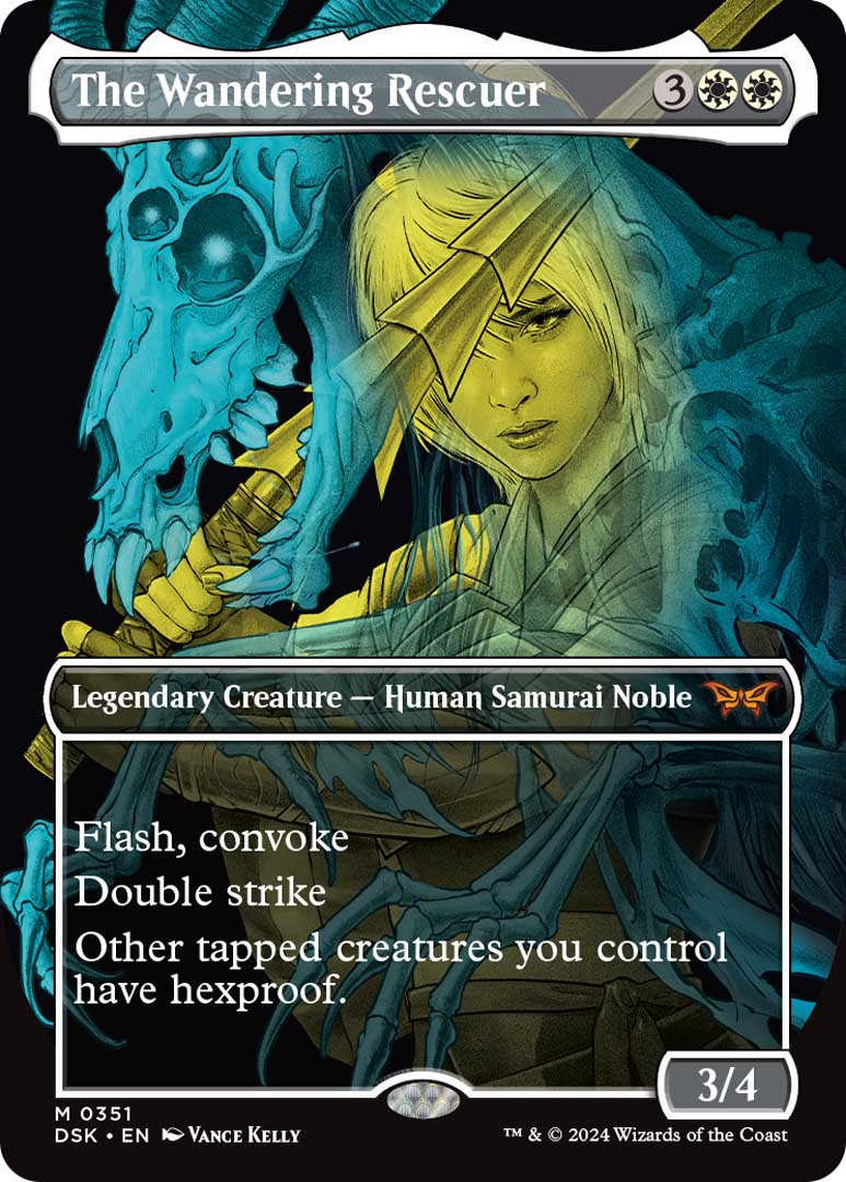 The Double Exposure showcase version of The Wandering Rescuer, a new card from Duskmourn: House of Horror.