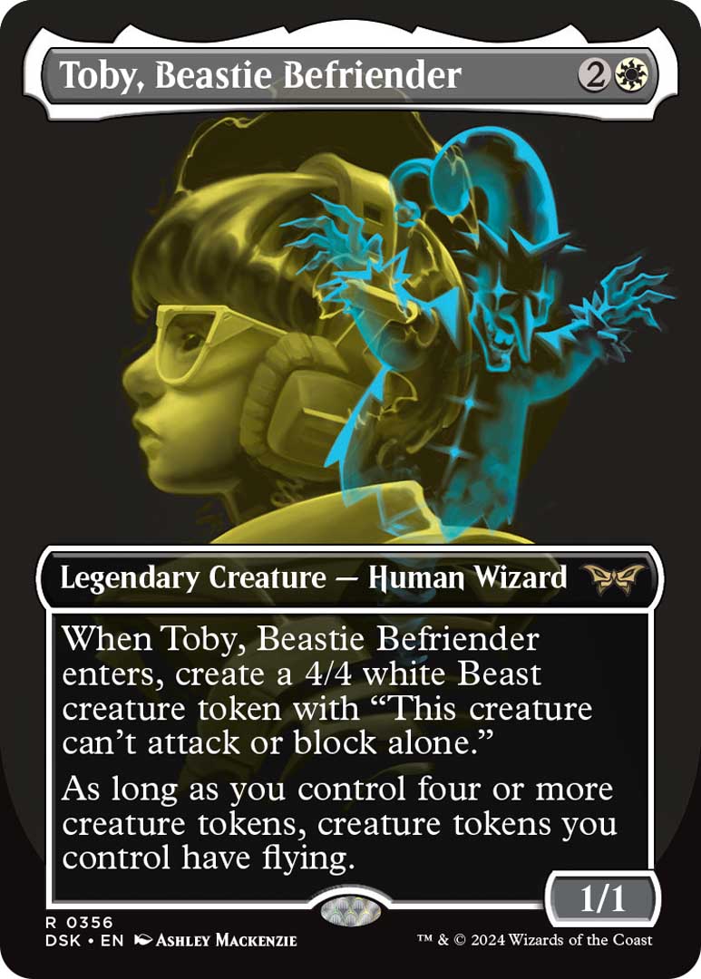 The Double Exposure showcase version of Toby, Beastie Befriender, a new card from Duskmourn: House of Horror.